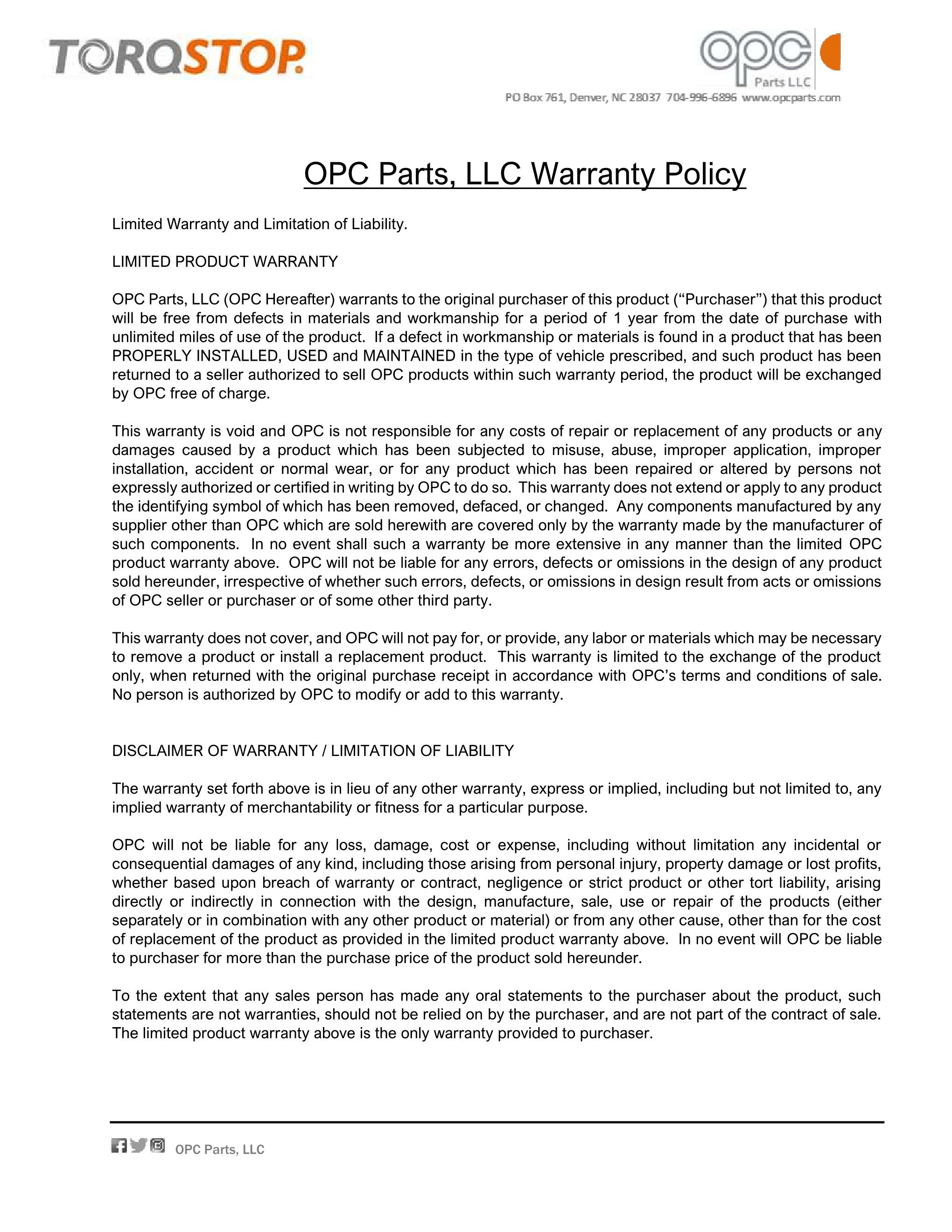 OPC TorqStop Warranty